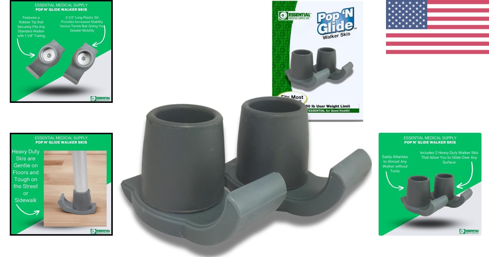 Pop & Glide Walker Ski Glides 2 Pack Gray Universal Fit Accessories