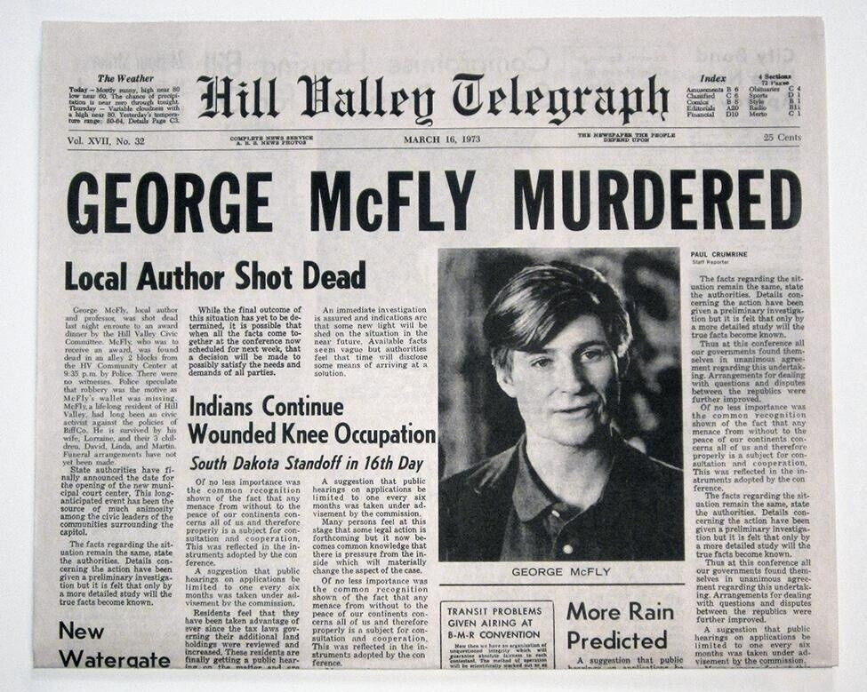 1985 Back To The Future Hill Valley Telegraph George McFly Murderd Replica ⚡🕖
