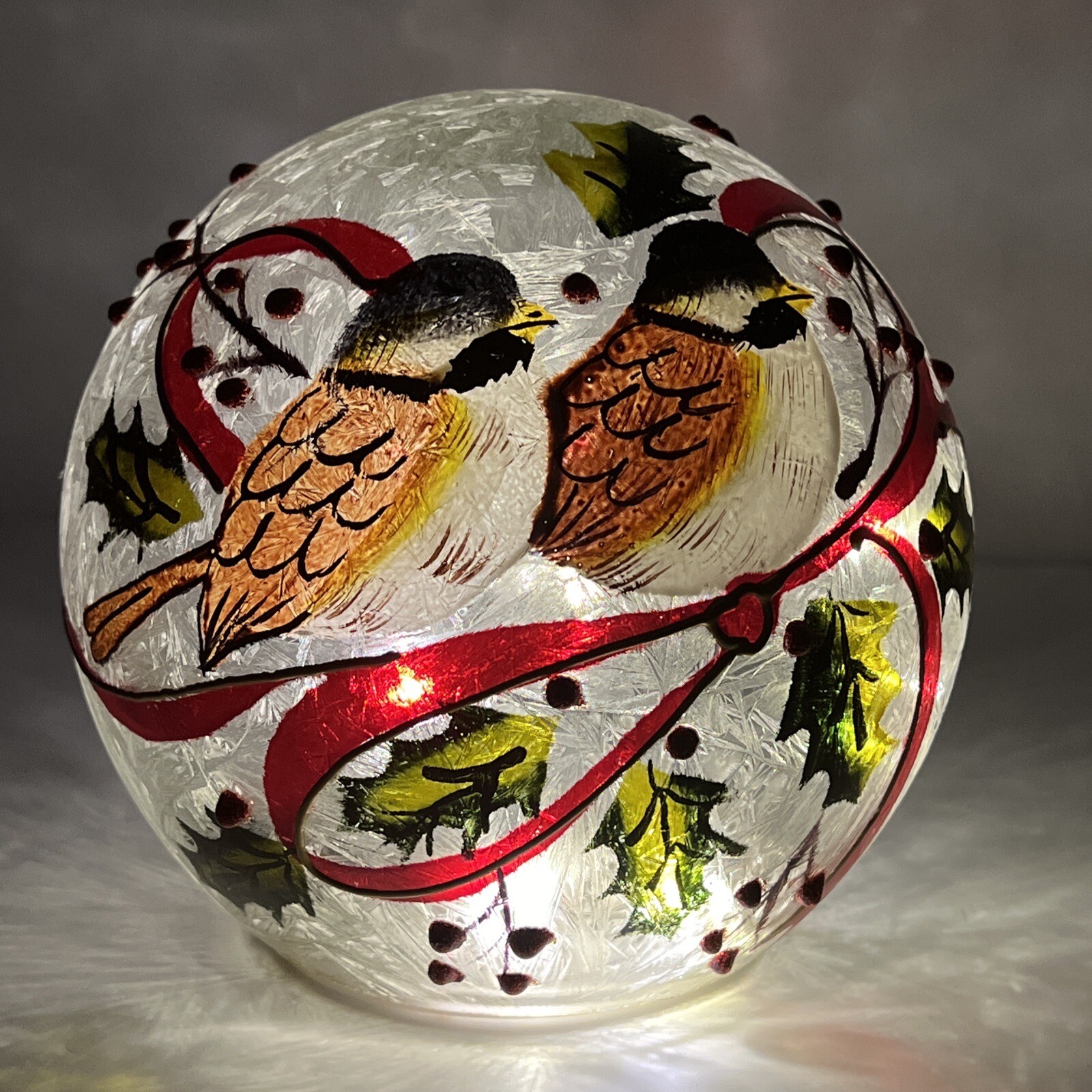 Lighted Holiday Chickadee Ball 6" Frozen Glass Orb Tabletop Winter Decor