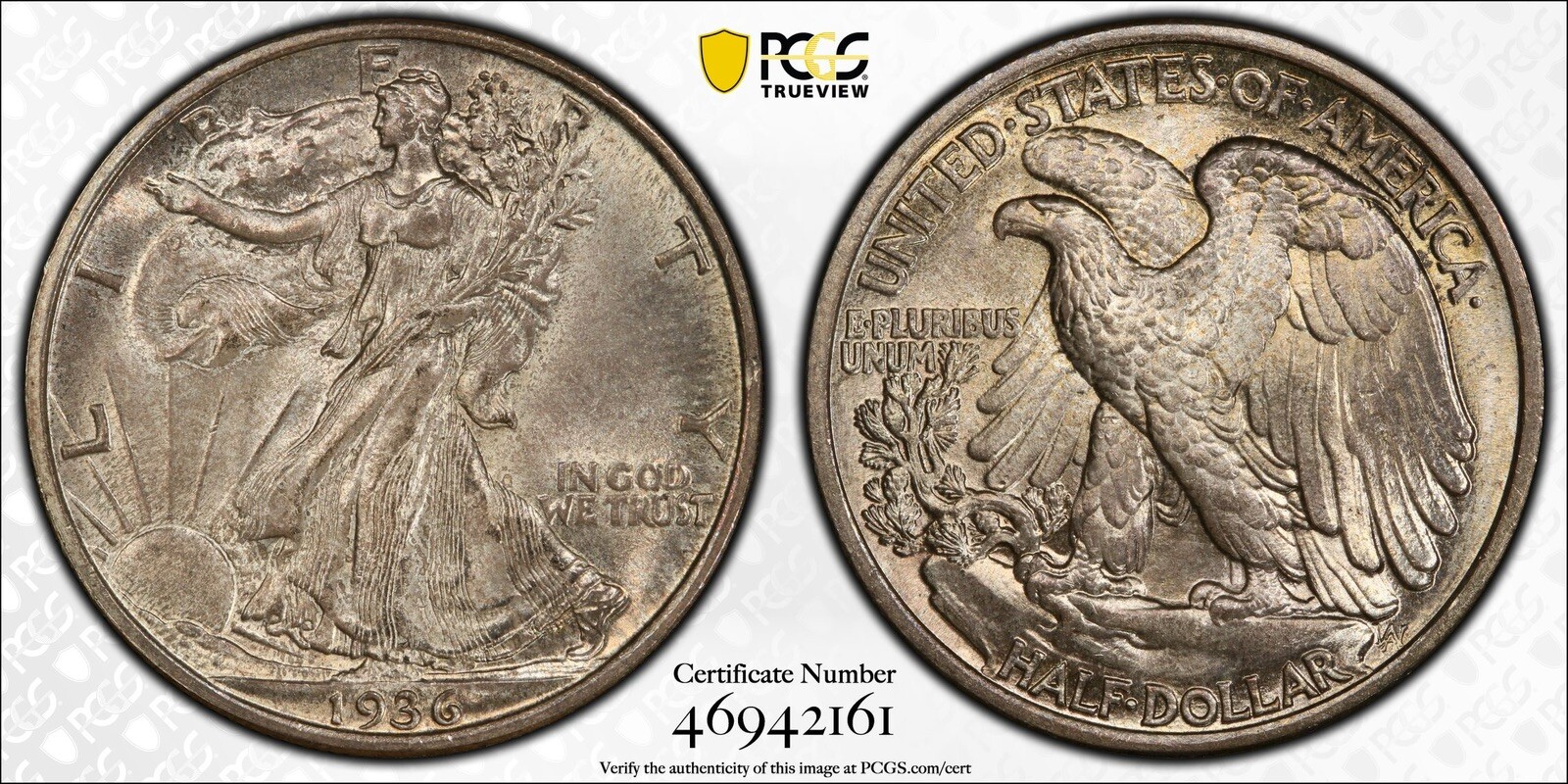 1936 Walking Liberty Silver 50c Half Dollar - PCGS MS65 - Gold Shield Label