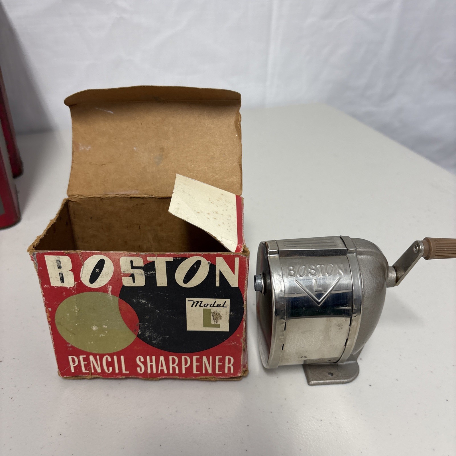 Used Boston Model L Vintage Steel Pencil Sharpener with Original Box