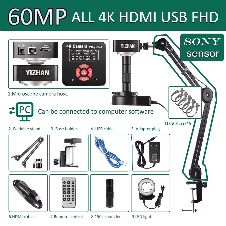 YIZHAN 60MP 4K Electronics Soldering Microscope sony sensor 1-150x Lens Stand