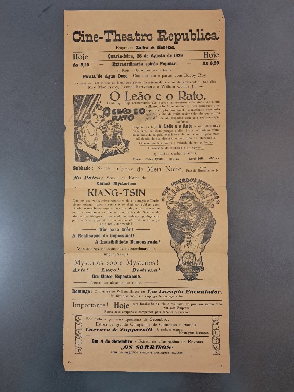 The Magician Kiang-Tsin, Cine-Theatro Republica Brazil Advertising Collectable