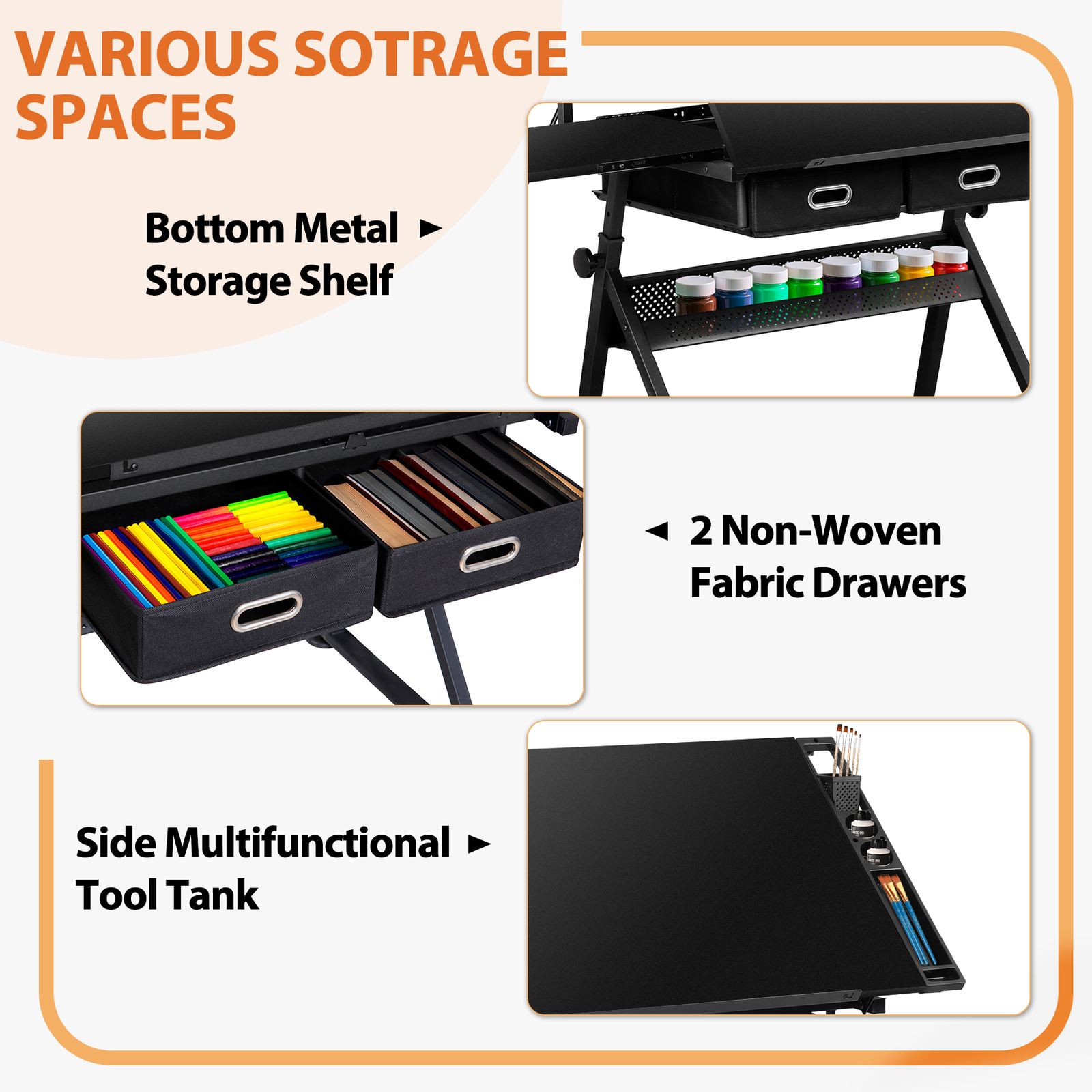 Black Drafting Table & Stool Se Adjustable Height W/ Drawers & Charge Station