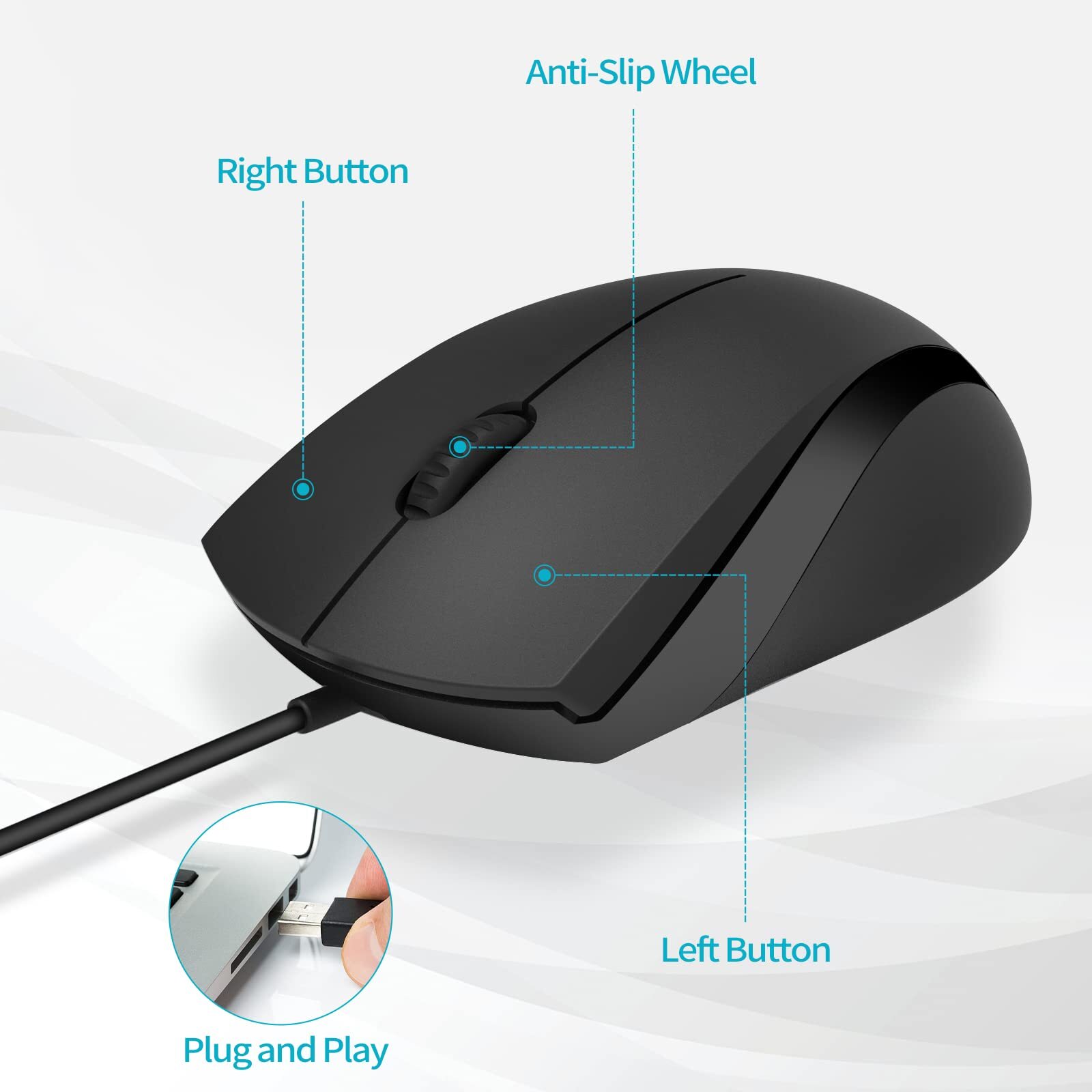 RAPOO Silent Wired Mouse 1000 DPI 5ft Cord Quiet Button Optical Computer Mouse