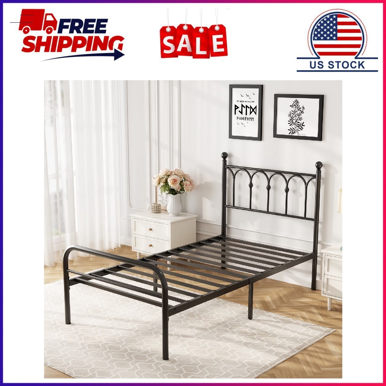Gianna Twin Metal Platform Bed Frame with Steel Slat Support, Underbed Storage,