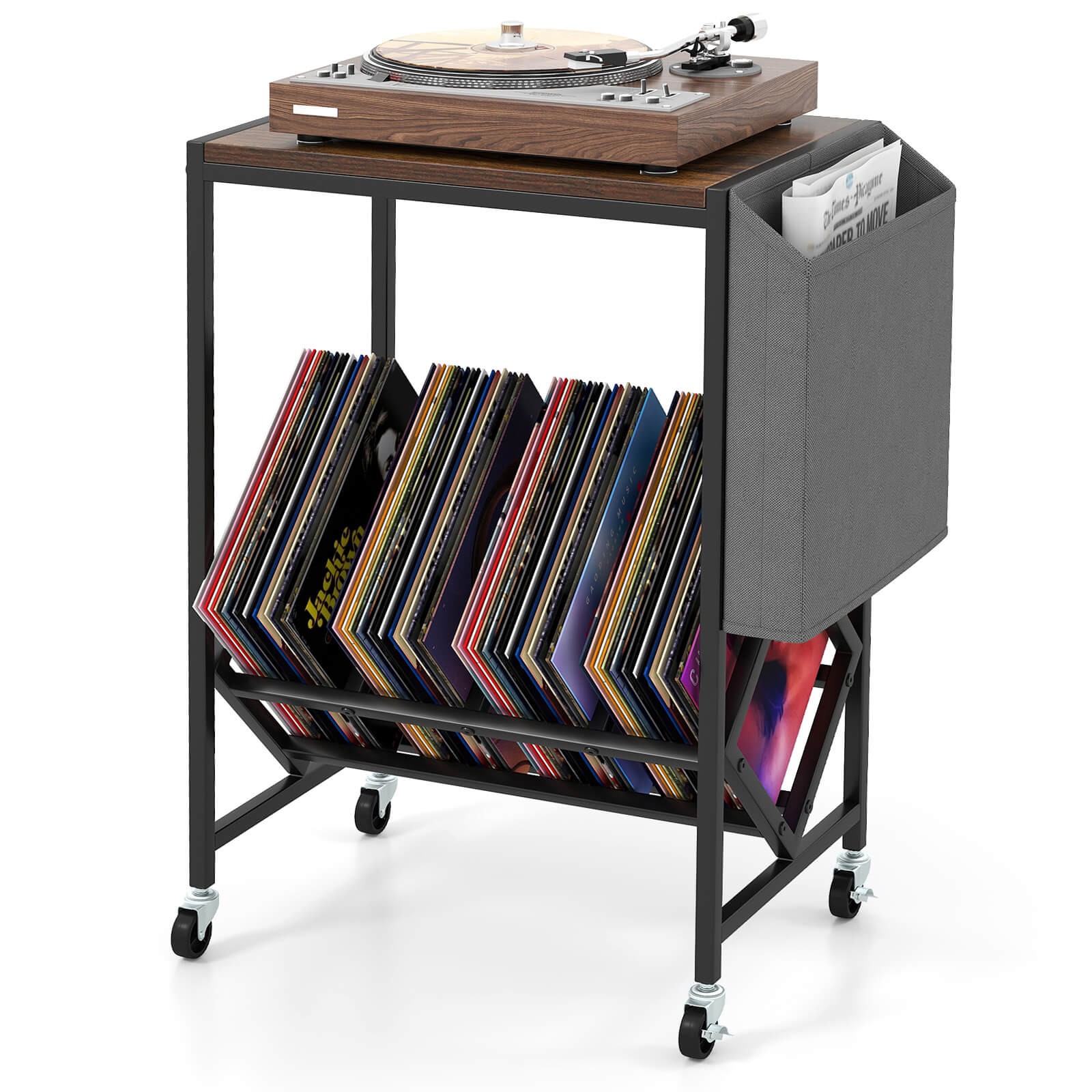 Record Player Stand w/Vinyl Record Storage & Side Storage Pouch, Swivel Wheels