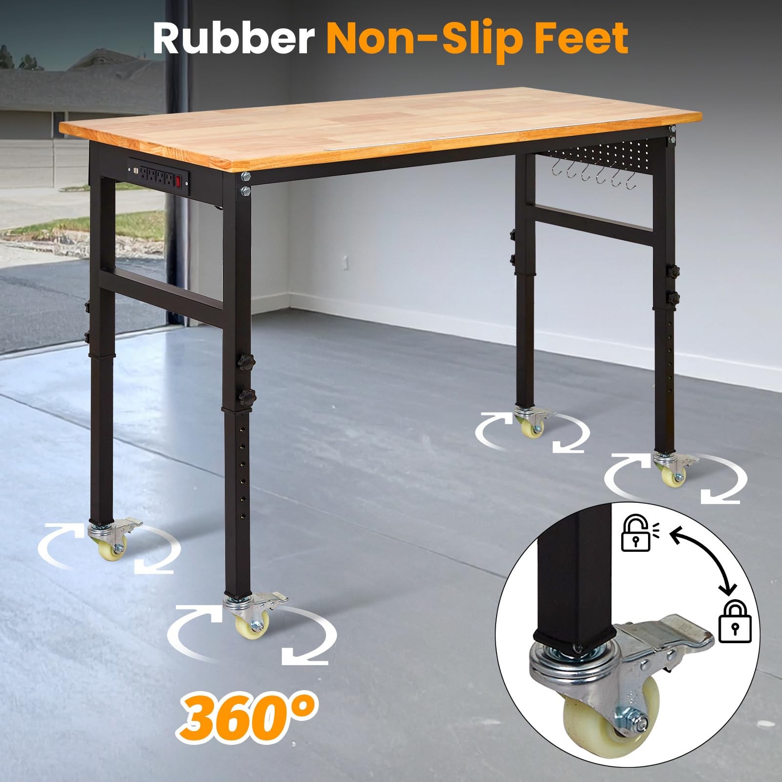 60" Adjustable Workbench Garage Work Table w/ Power Outlet, Wheels & Pegboard