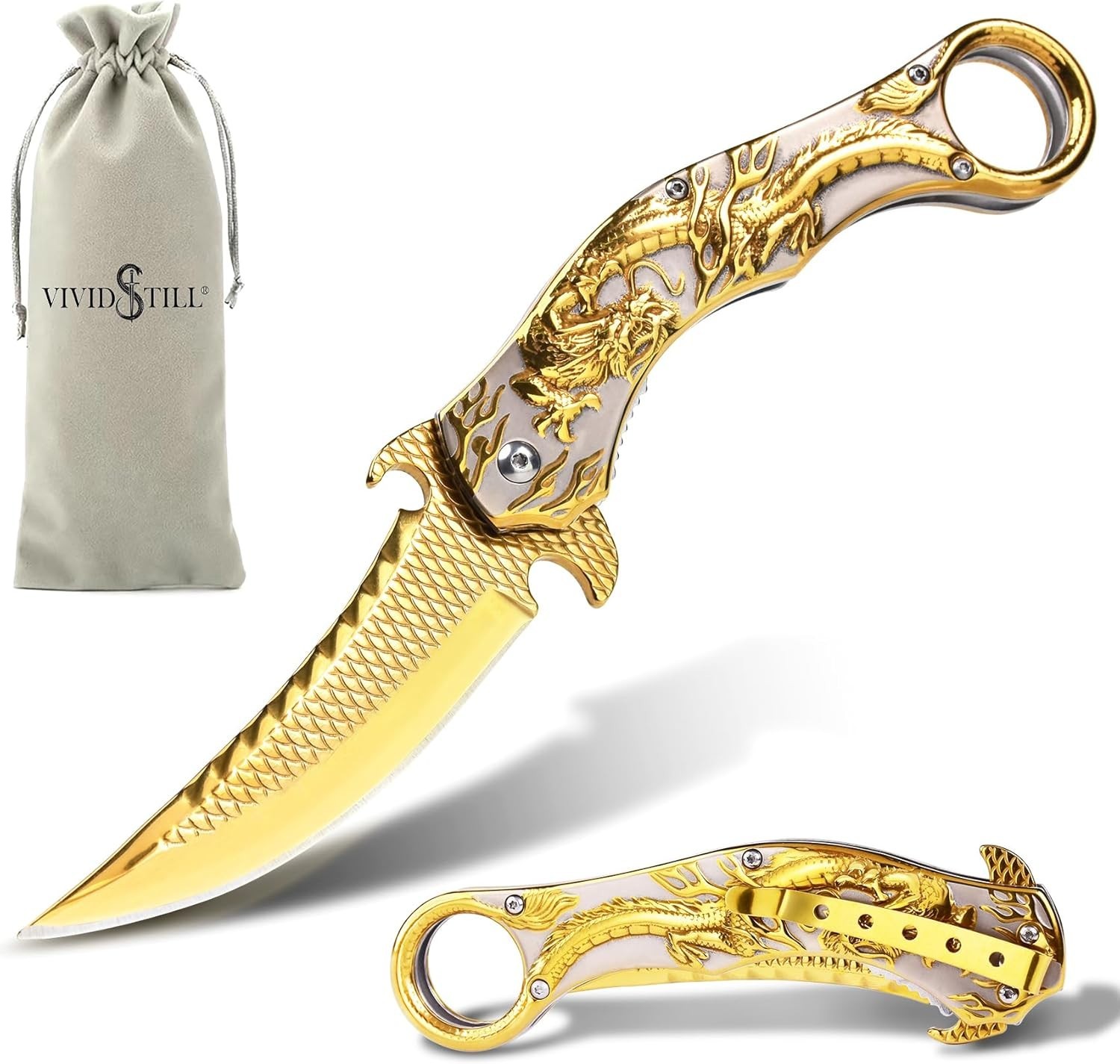 Vividstill Pocket Knife Folding Knife With 3D Golden Dragon - EDC - Camping