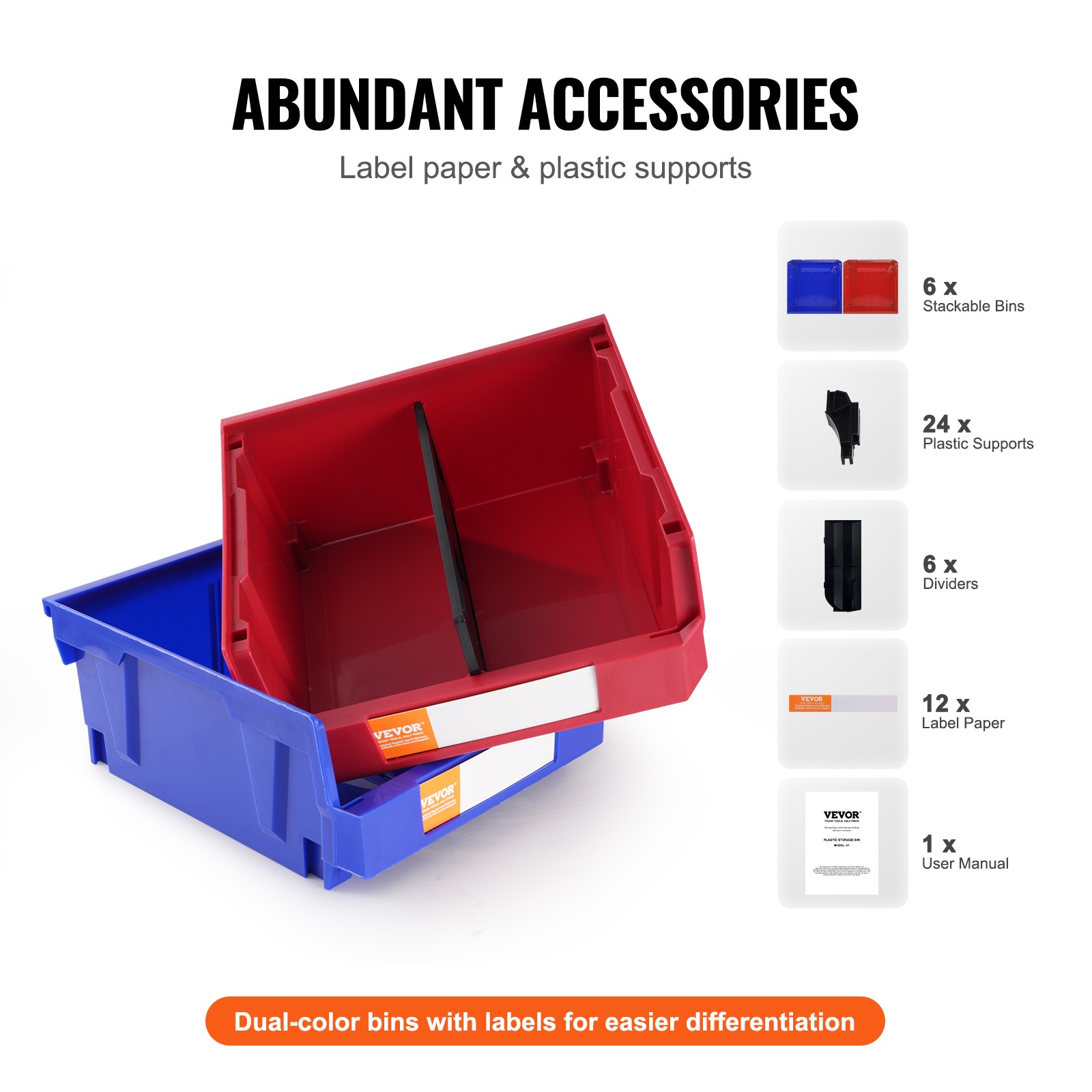 VEVOR Hanging Stackable Storage Bin Plastic Organizer Garage Box 6 PCS Blue/Red