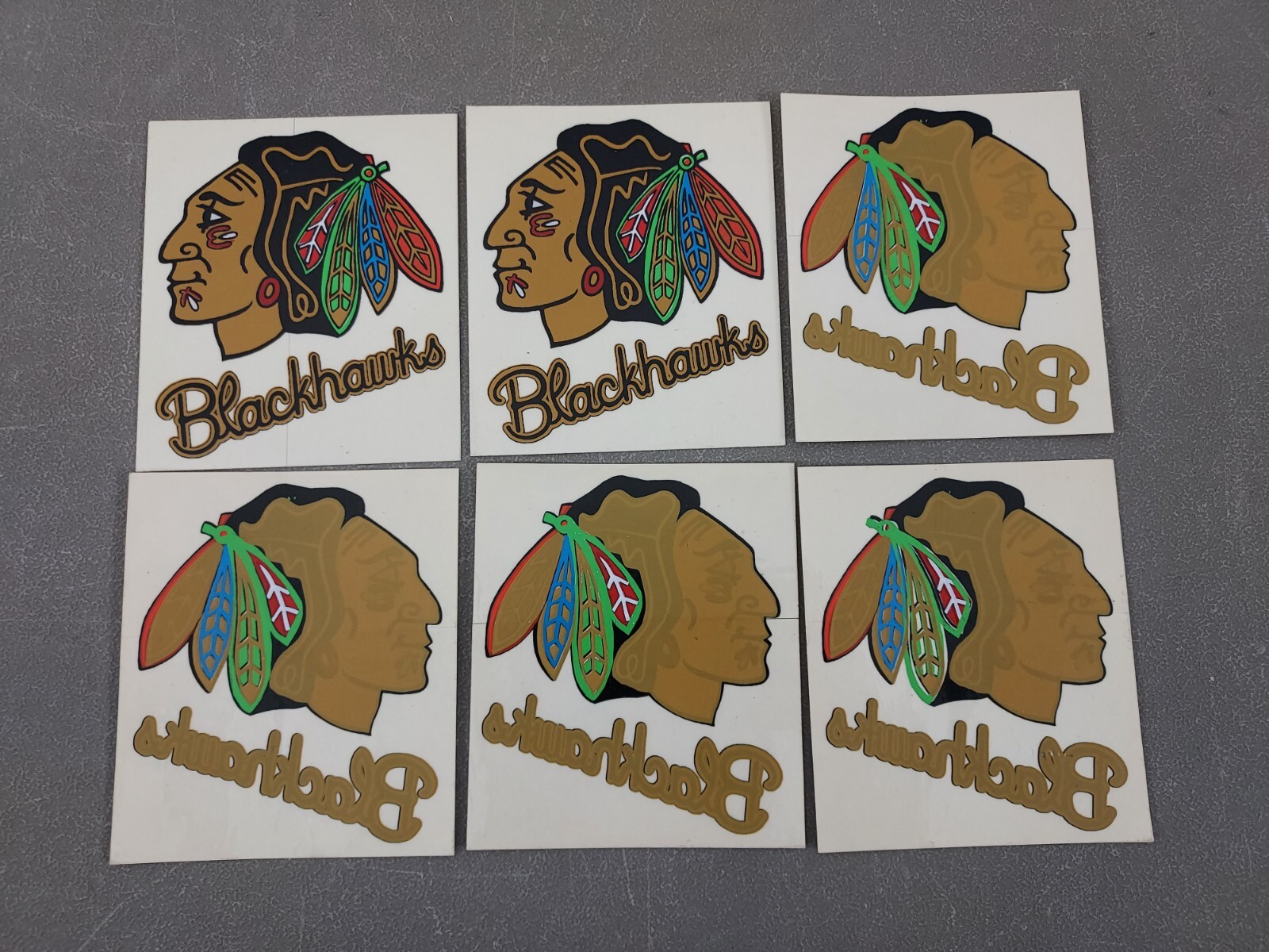 6 vtg Chicago Blackhawks Logo Wordmark NHL Window Decals & Stickers 3 1/2" x 4"