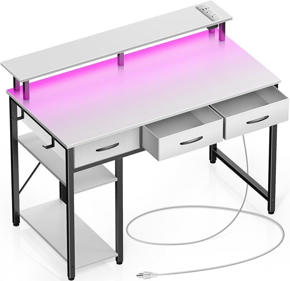 3 Drawers Computer Desk 39"Home Office Writing Desk w/Power Outlets & LED Light