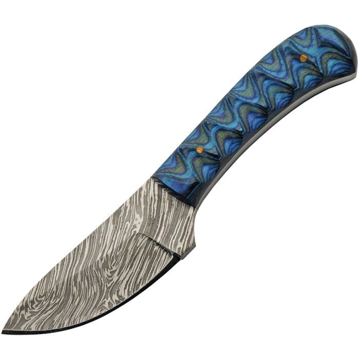 Damascus Boy's Fixed Knife 3" Damascus Steel Full Skinner Blade Blue Wood Handle