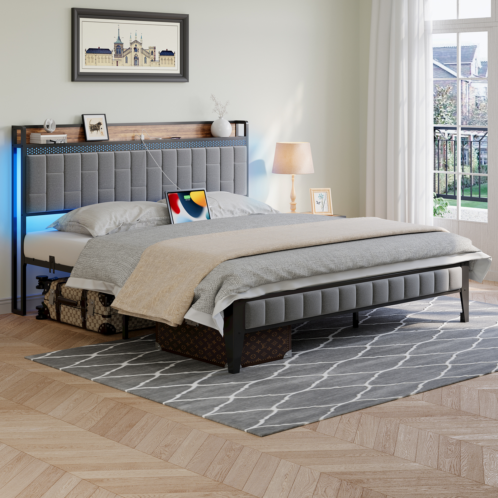 Full/Queen/King Bed Frame, Upholstered Platform Bed Frame With Charging Station