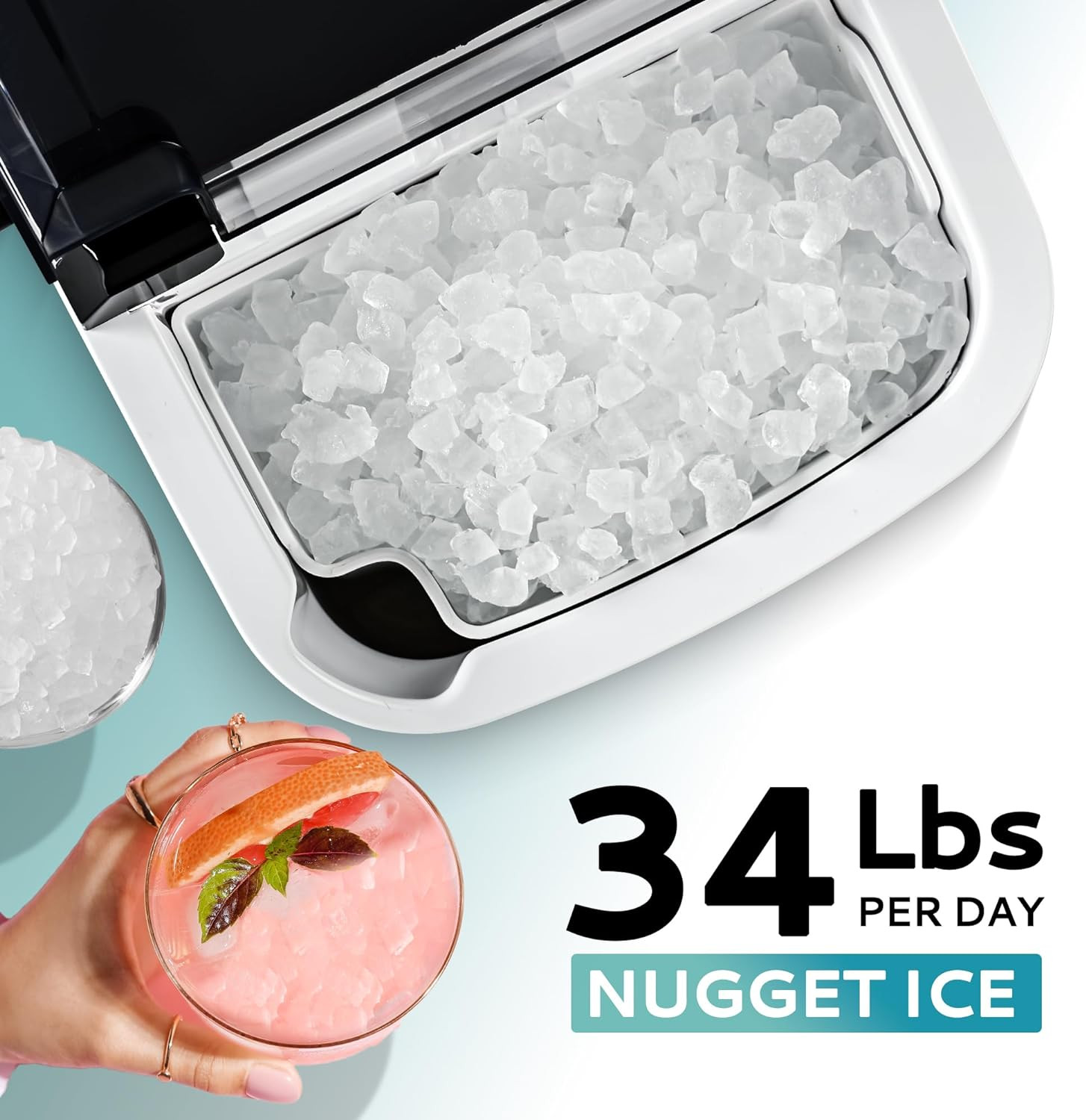 Nugget Ice Maker Countertop with Handle, Ready in 6 Mins, 34Lbs per Day, Removab