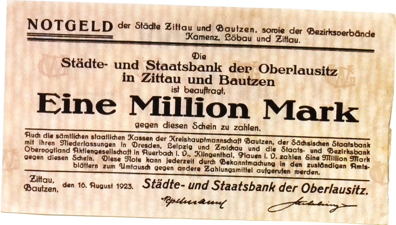 1923 Germany OBERLAUSITZ 1.000.000 / 1 Million Mark Banknote