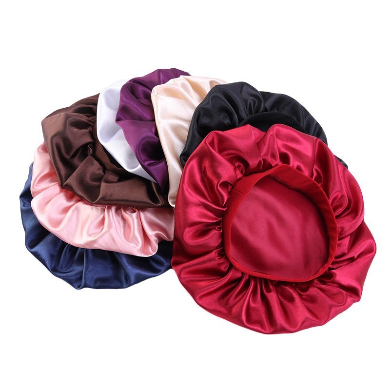 Night Sleep Cap Wide Elastic Hair Care Hat Satin Solid Head Cover Bonnet Band