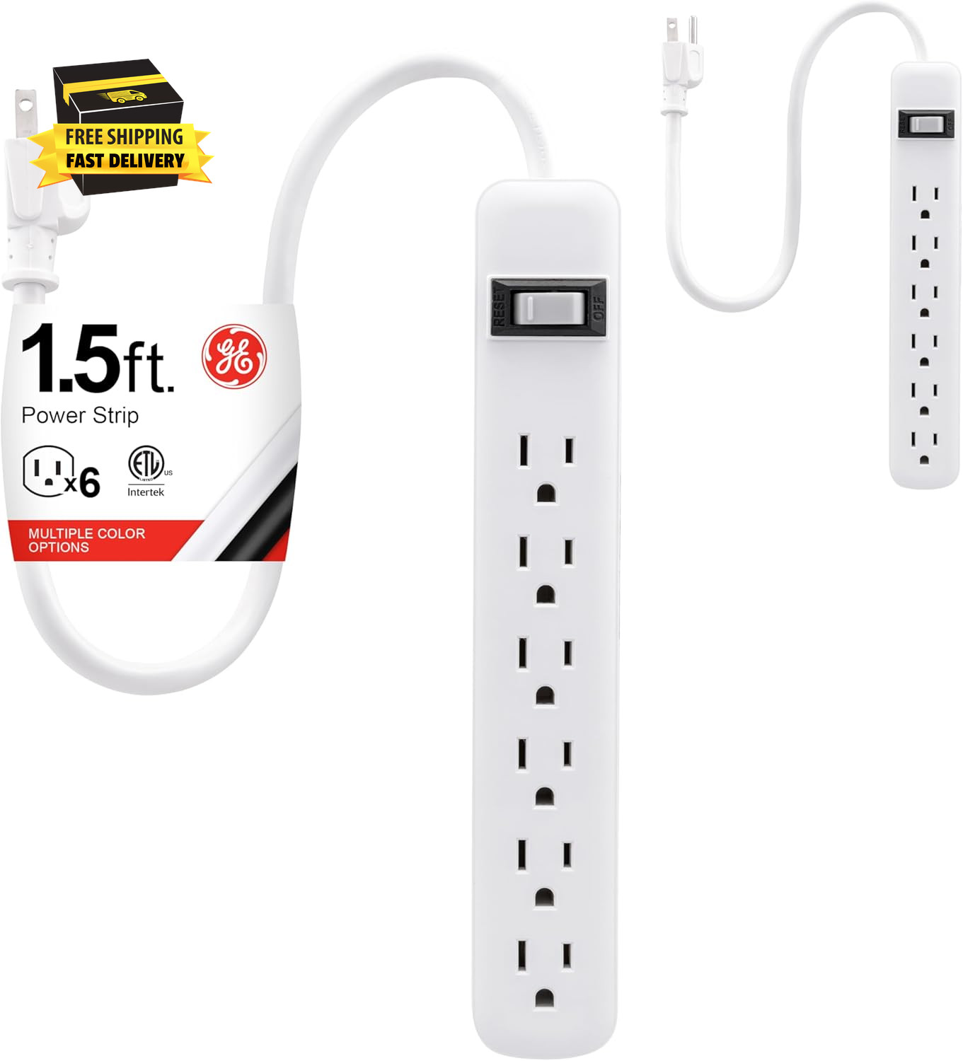6-Outlet Power Strip, 2 Pack, 1.5 Ft Extension Cord, Heavy Duty Plug, Grounded,