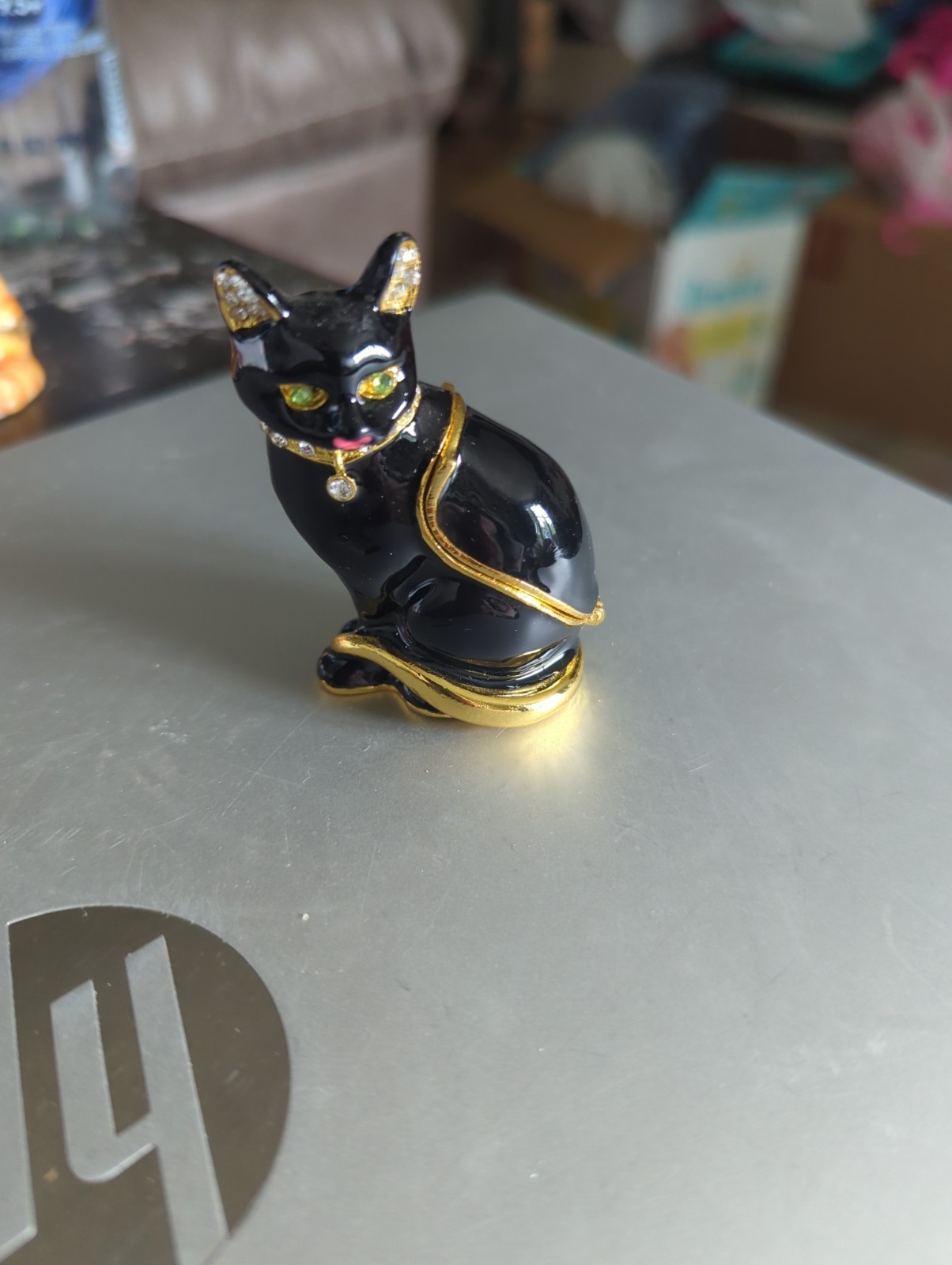 Black Cat Trinket Box Hinged Jeweled Collar Enameled  Heavy - Black Pink