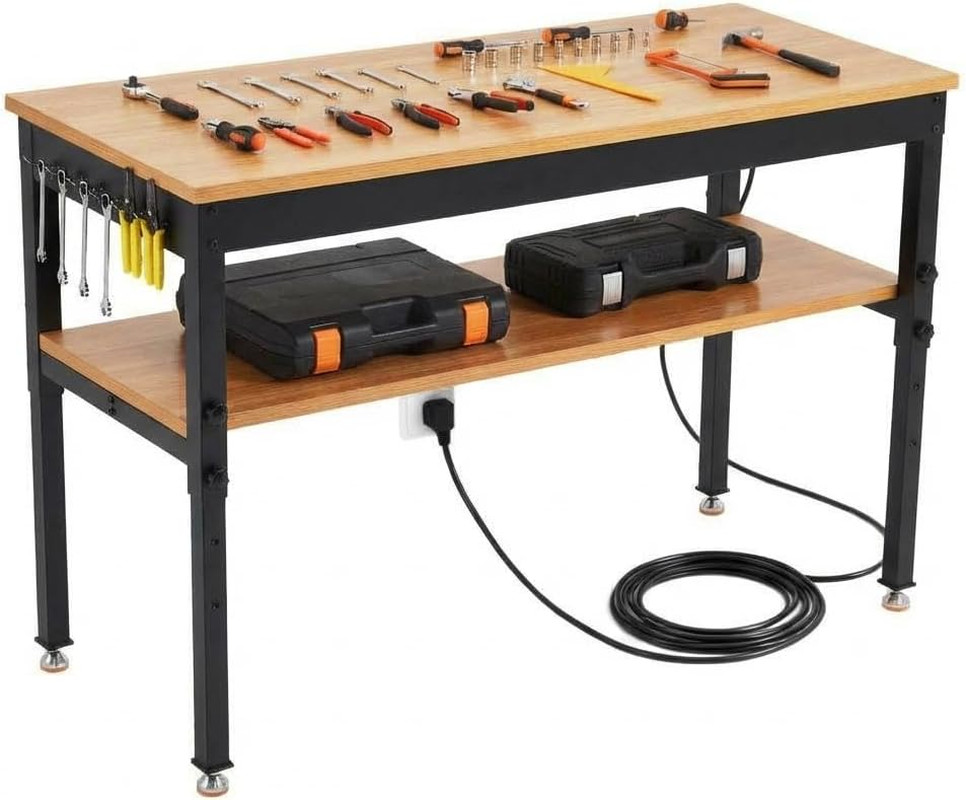 60" Work Bench with Storage Shelf, Adjustable Height Workbench, 60" X 24" Work B