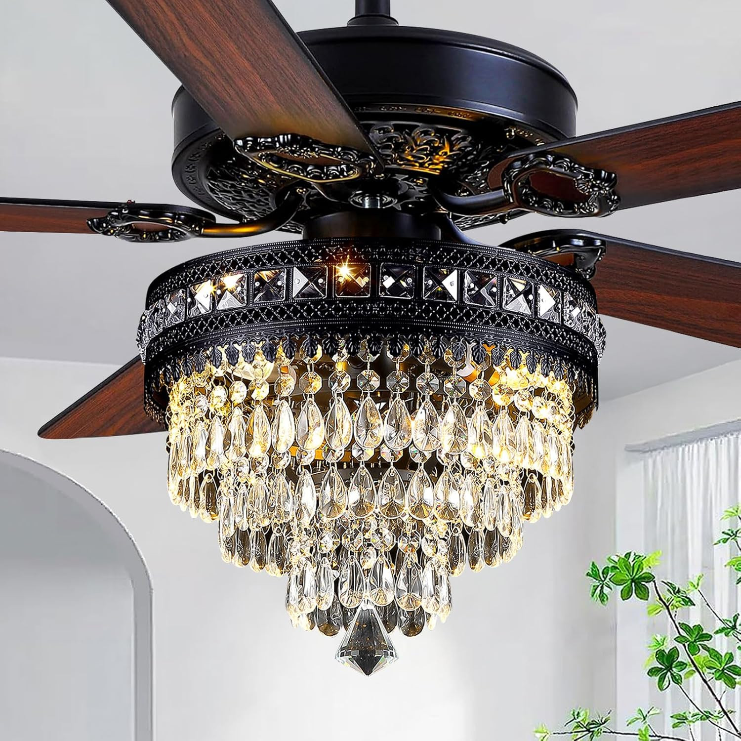 Crystal Chandelier Ceiling Fan with Lights and Remote, Farmhouse Fandelier with