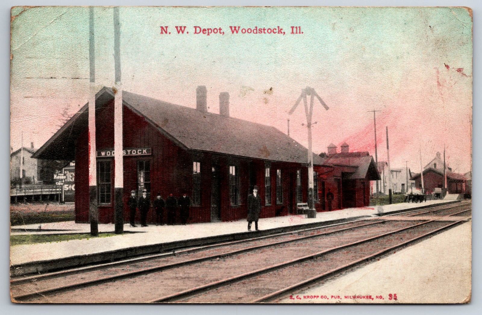 1915 Woodstock, IL Postcard - Woodstock Train N.W. Depot in Illinois platform