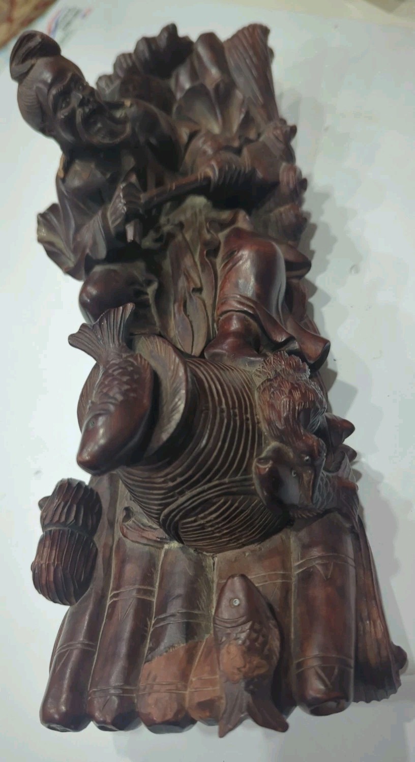 Vtg ANTIQUE, Hand-Carved Wood Sculpture Sage/Fisherman - Detailed Qing Style