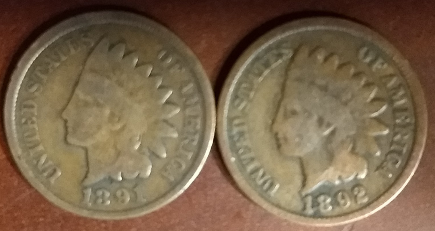 Lot of 2 US Antique INDIAN HEAD 1891 , 1892 Indian Head Small Cents AS-PICTURED
