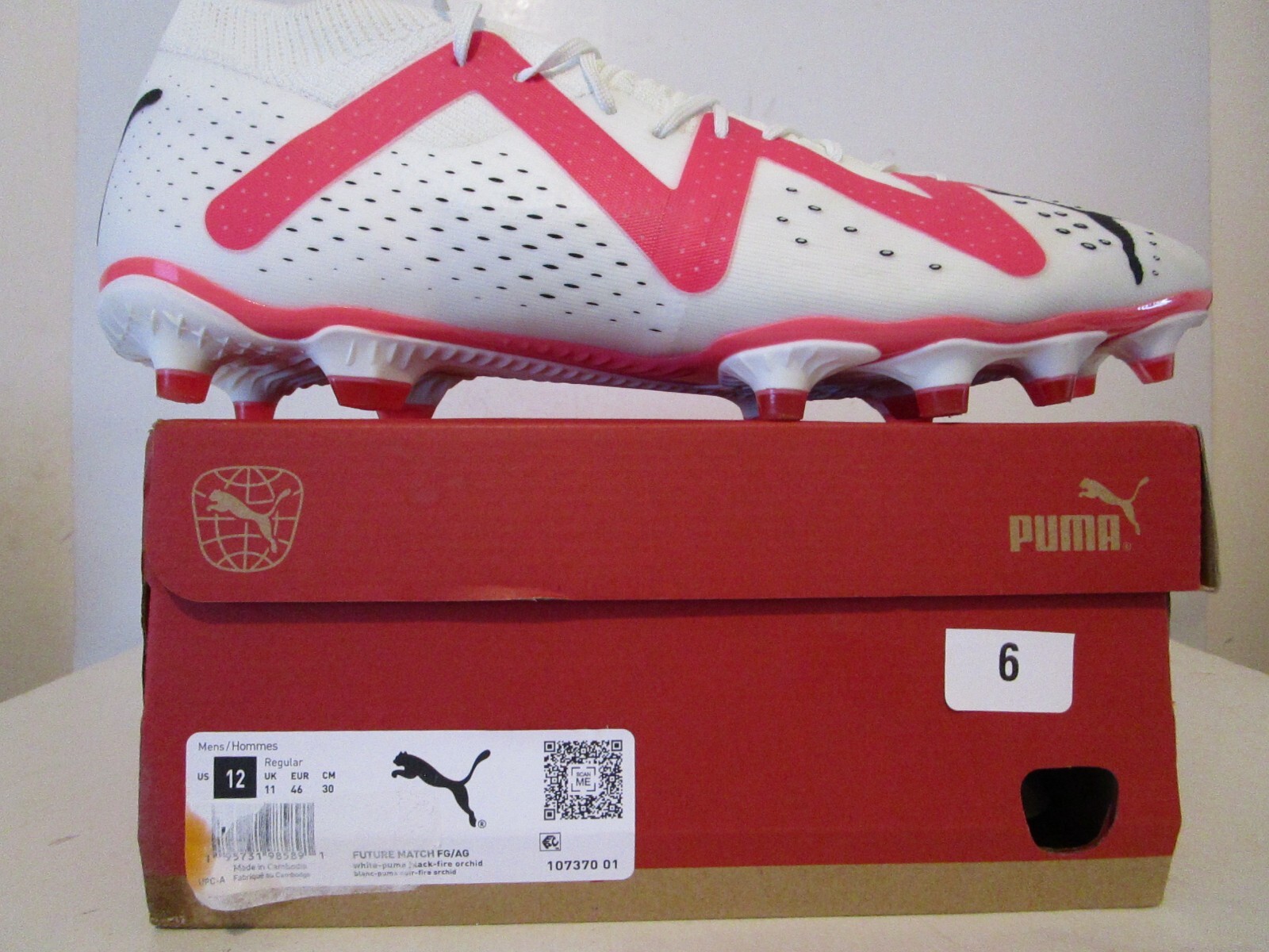 Puma Future Match Fg/AG Mens Soccer Shoes White-Puma Black -Fire Orchid Size 12