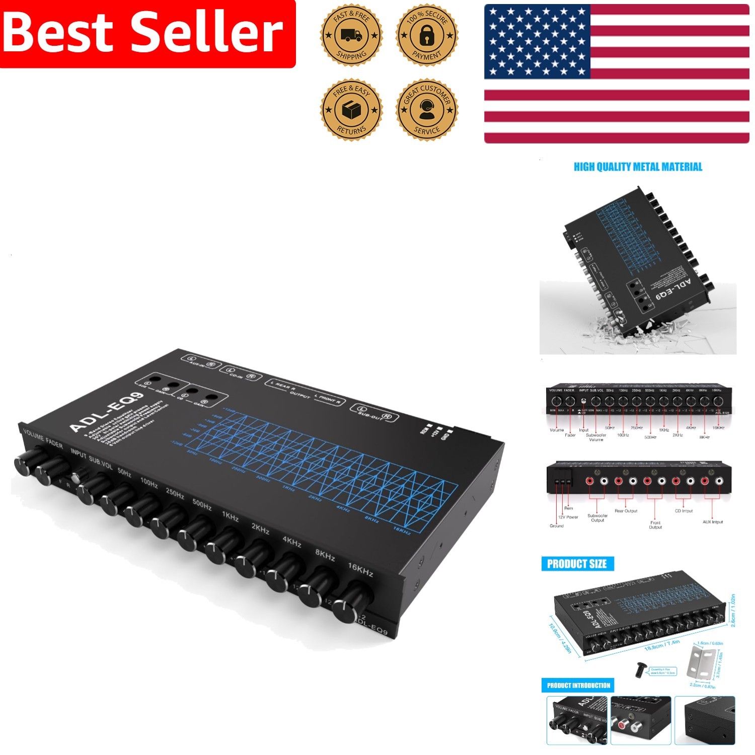 9-Band Car Stereo Equalizer EQ W/Sub Woofer Output, Line Driver, Adjustable Gain