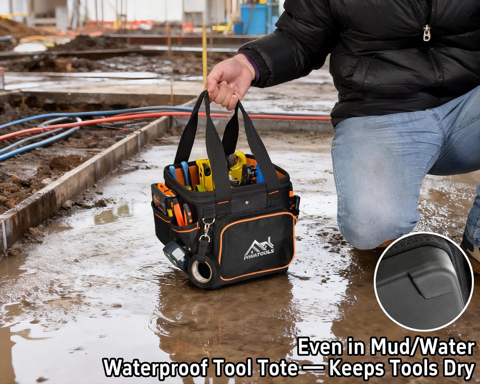 10" Compact Open-Top Tool Tote Bag, Hard Shell Tool Box | Small Electrician T...