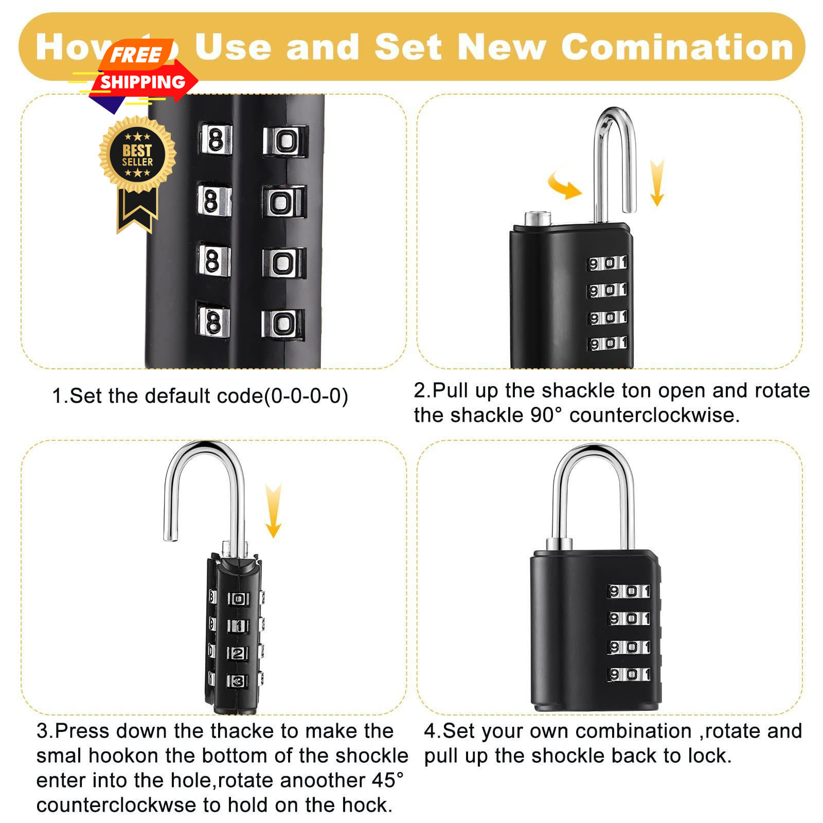 Kenning 10 Pcs Combination Padlock 4 Digit Lock Silver and Black