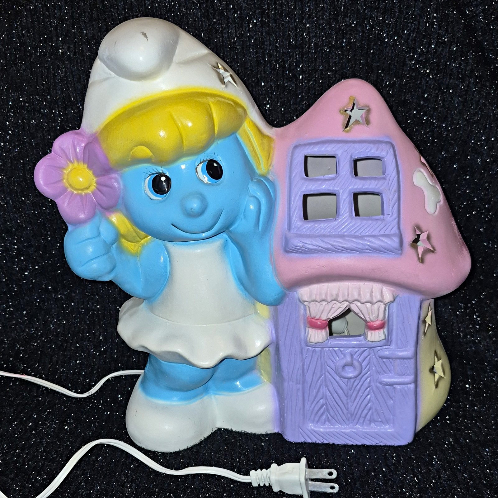Vintage 1980s Ceramic Smurfette  Mushroom House Plug-In Night Light