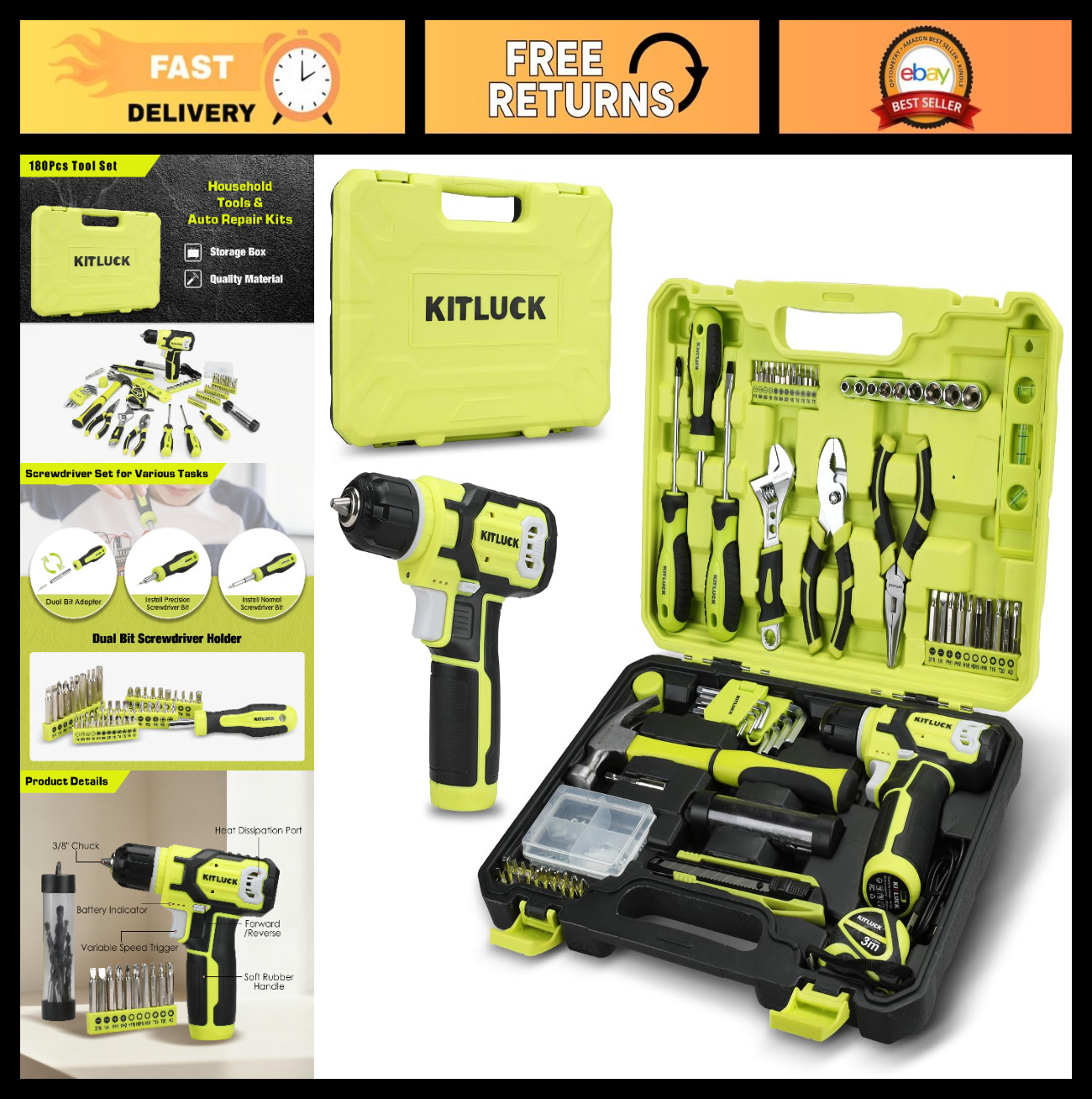 180Pcs Power Drill Set, 8V Cordless Tool Kit with Screwdriver, Wrench & More