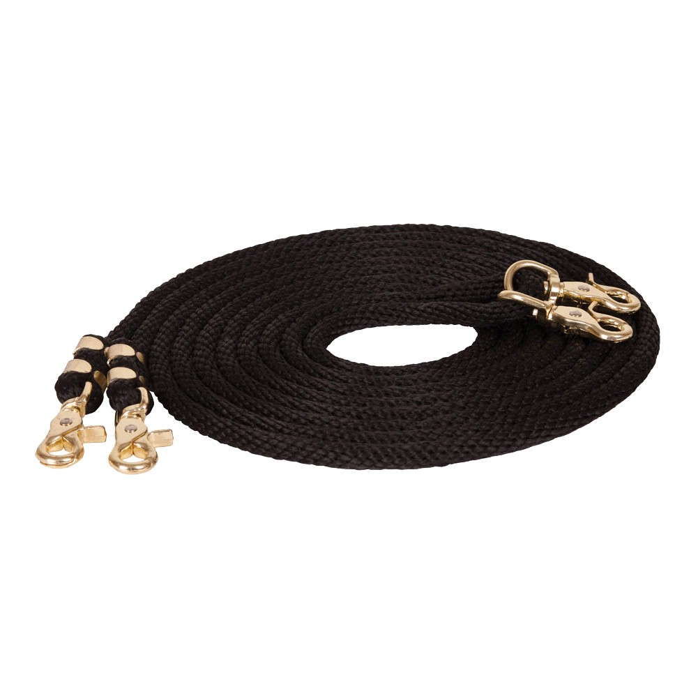 Mustang 1/2" x 16 1/2' Black Poly Draw Reins with Brass Plated Scissor Snap Ends