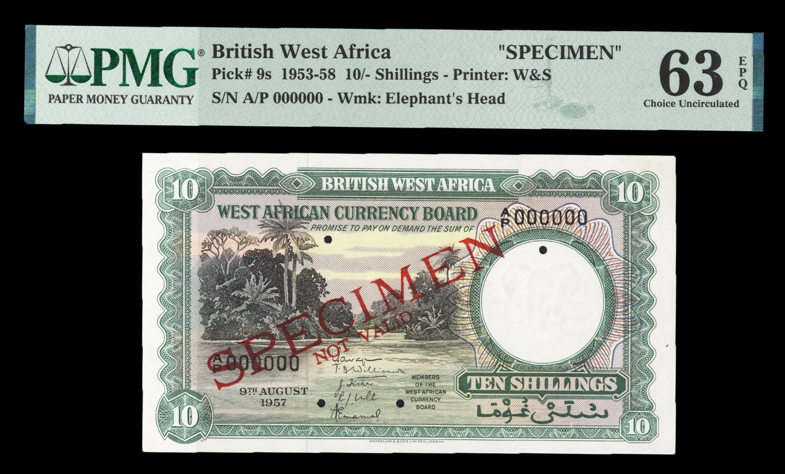 British West Africa, P9s PMG Graded 63 Choice Uncirculated, Specimen Banknote.