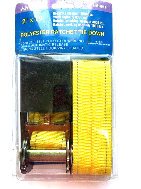 2" x 15' Ratchet Tie Down Strap 2500 lb Polyester Webbing Quick Release 4011