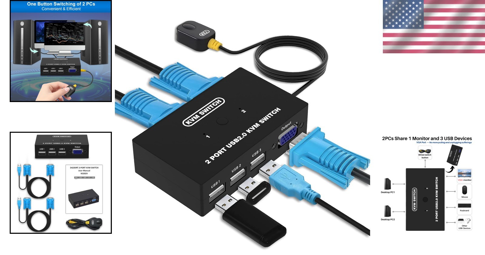 Versatile USB VGA KVM Switch for 2 PCs & 3 USB Devices - Ideal for Workspaces