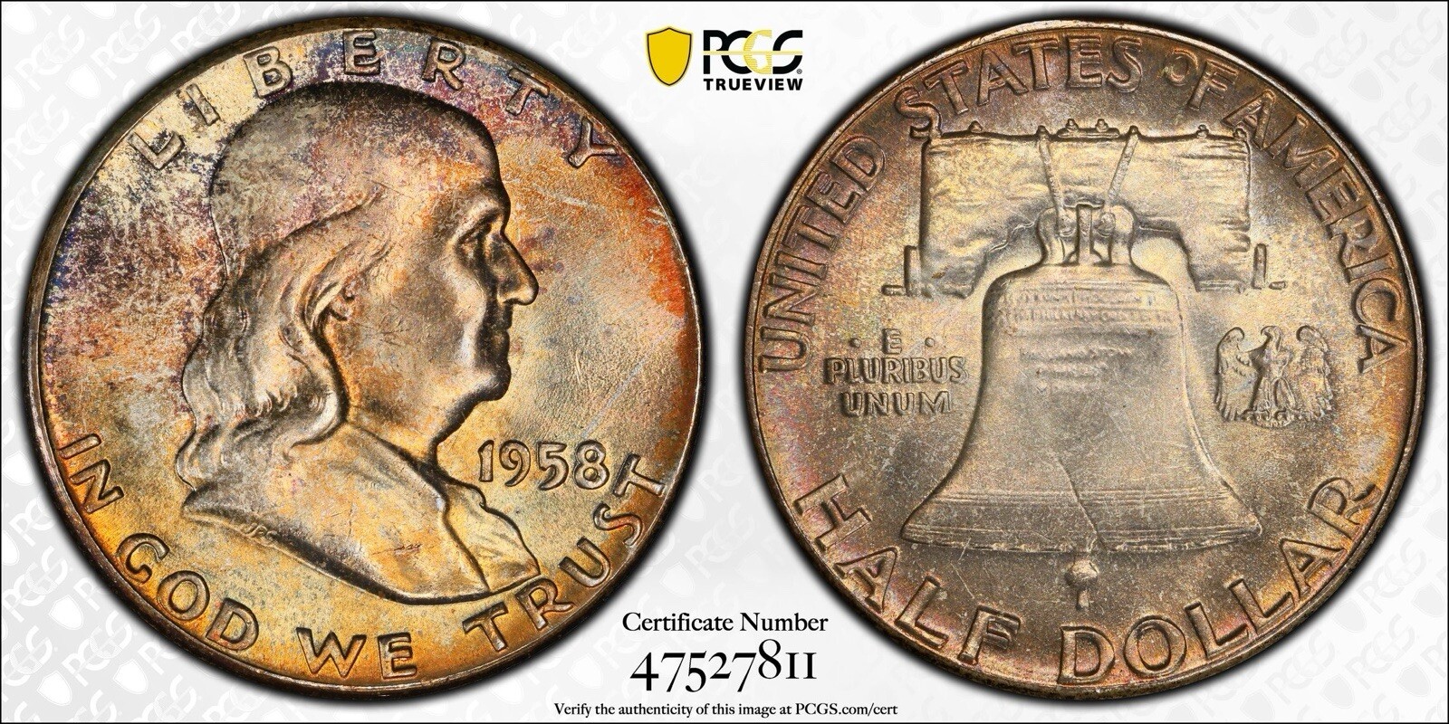 1958 Franklin 50c Silver Half Dollar PCGS MS 66 Toned