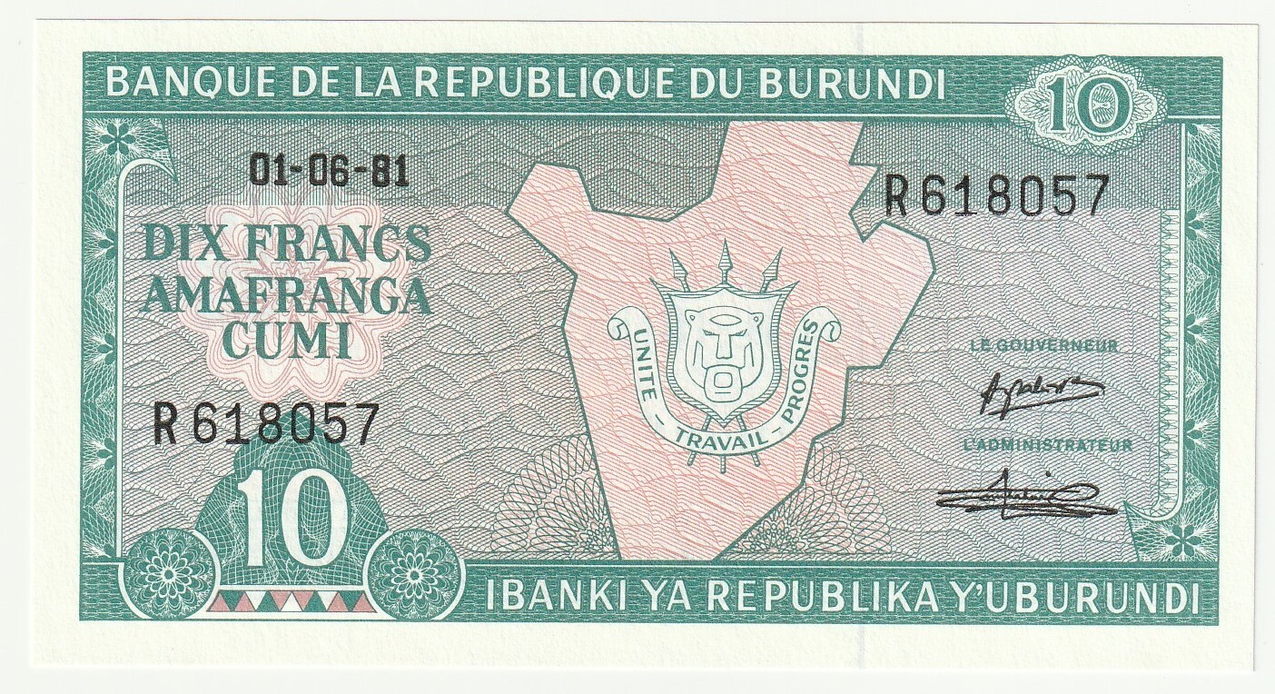1981 BURUNDI, 10 FRANCS, CRISP UNC BANKNOTE, P-33a