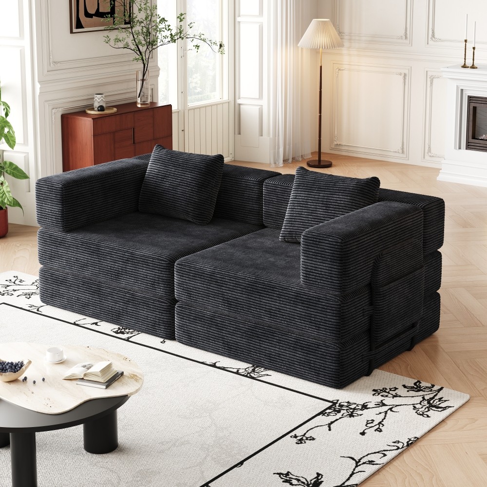 72" Convertible Sofa Bed w/ Storage Pockets & Cushions, Corduroy Fabric