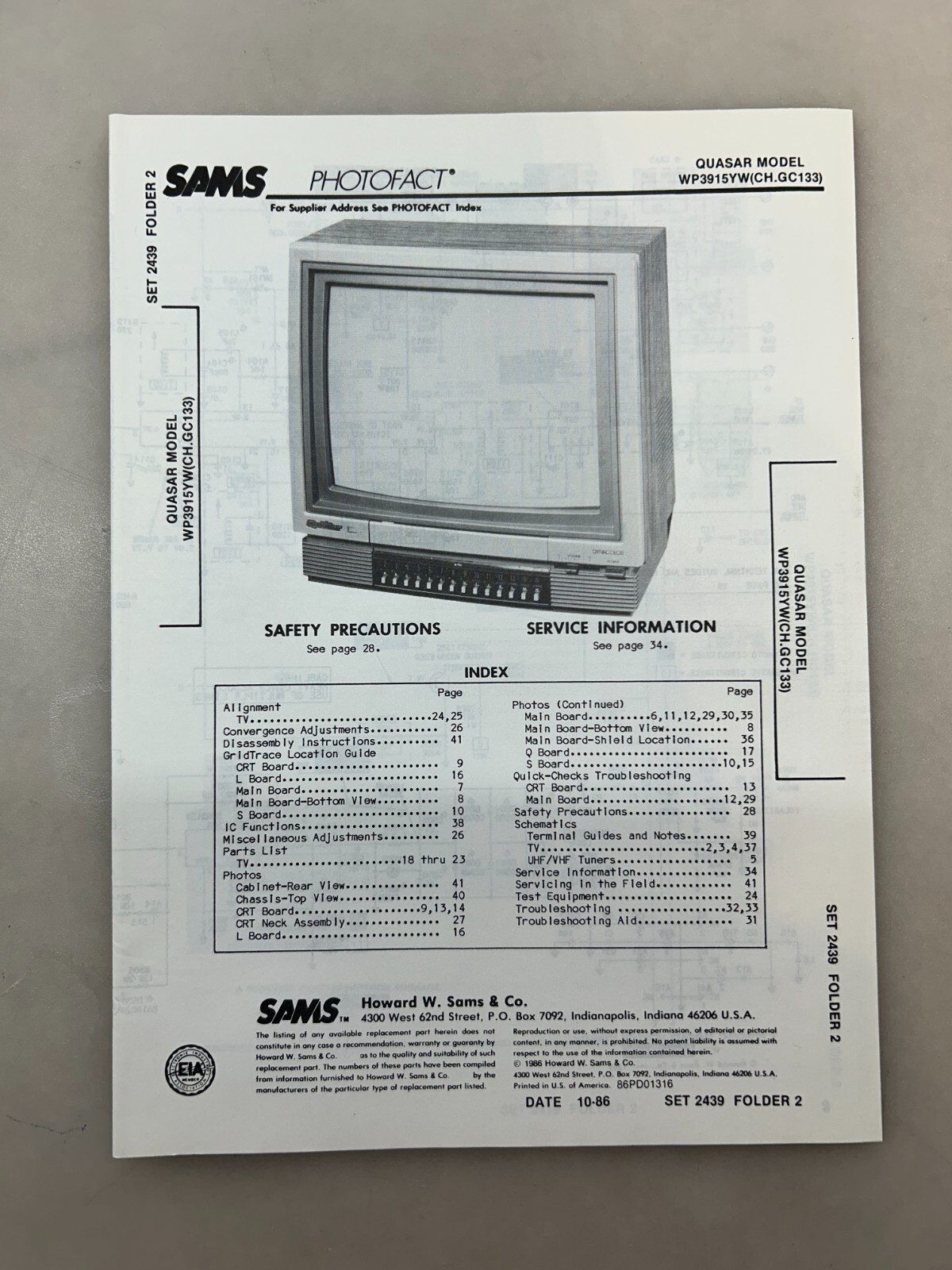 Quasar WP3915YW Service Manual Sams Photofact Free Shipping