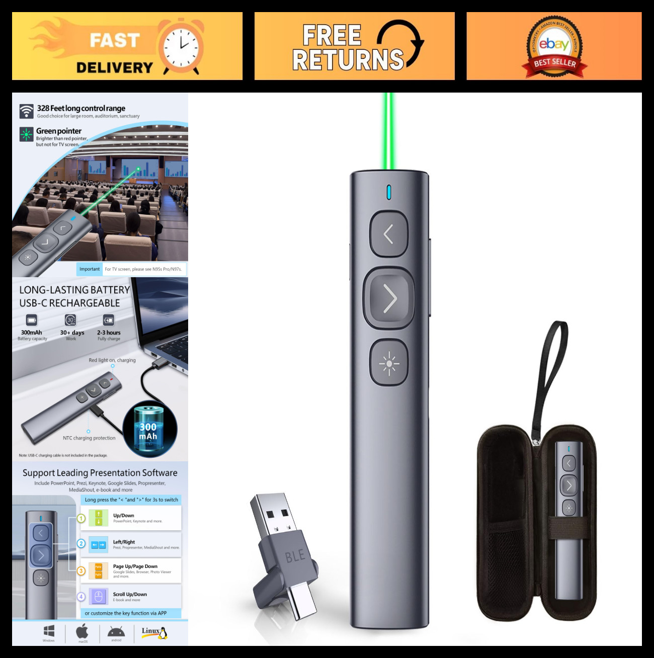 Wireless Presentation Clicker, N95 Remote Slide Advancer, Rechargeable USB Point