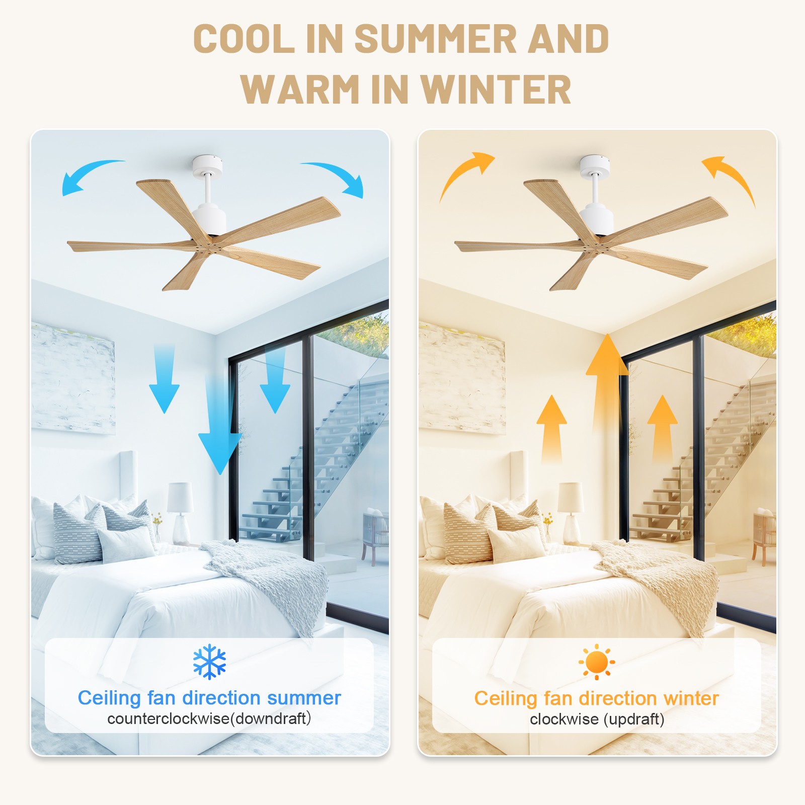 52" Solid Wood Flush Mount Ceiling Fan with Remote & Silent DC Motor Reversible