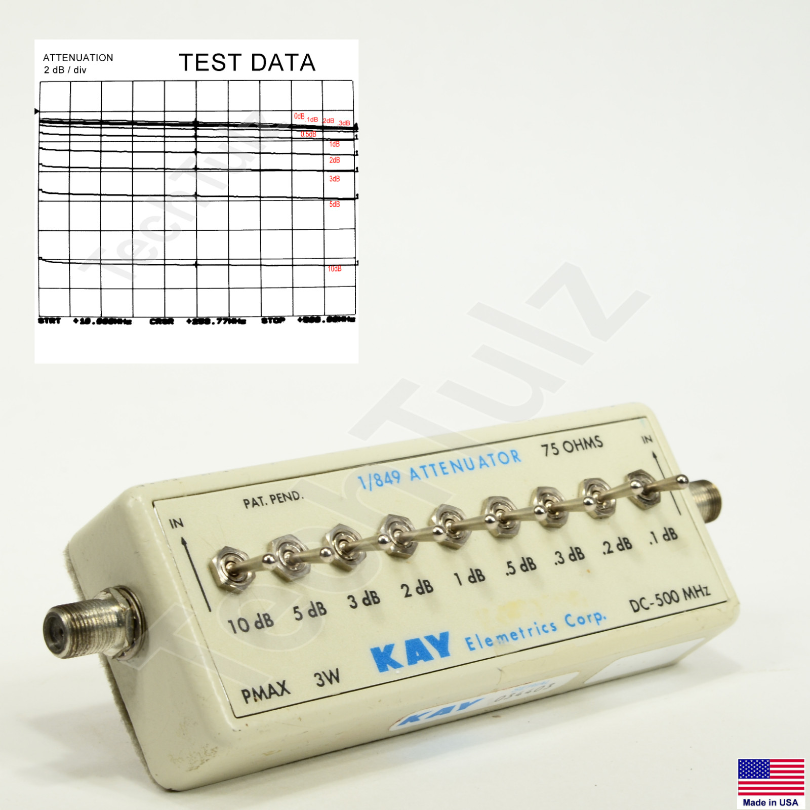 Kay Elemetrics 1/849-F 9 Step Toggle Switch Attenuator  75 Ohm 500 MHz Test Data