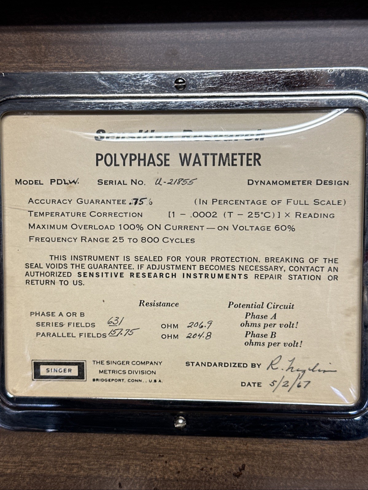VINTAGE SENSITIVE RESEARCH SINGLE PHASE WATTMETER PDLW Nice !!