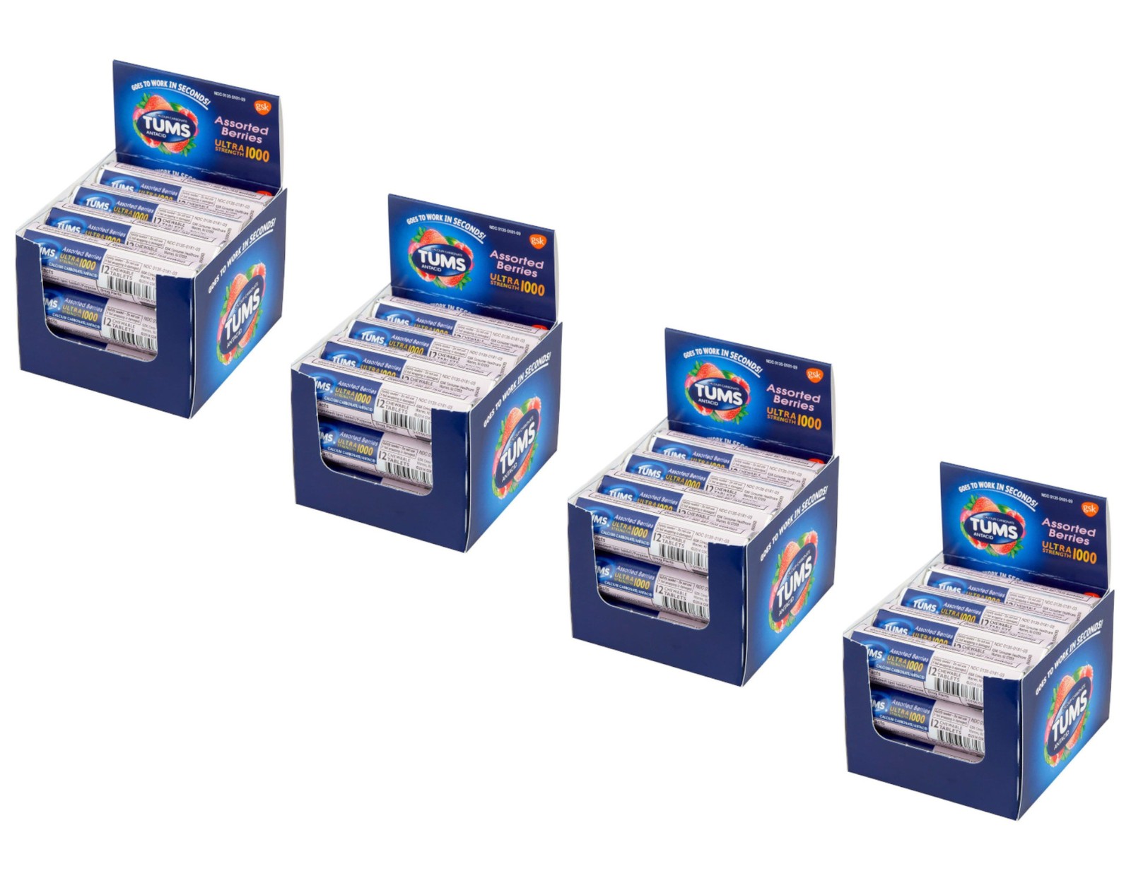 Tums Ultra 1000 Assorted Berries 12 Count x 12 Rolls (144 ct Each) - Pack of 4