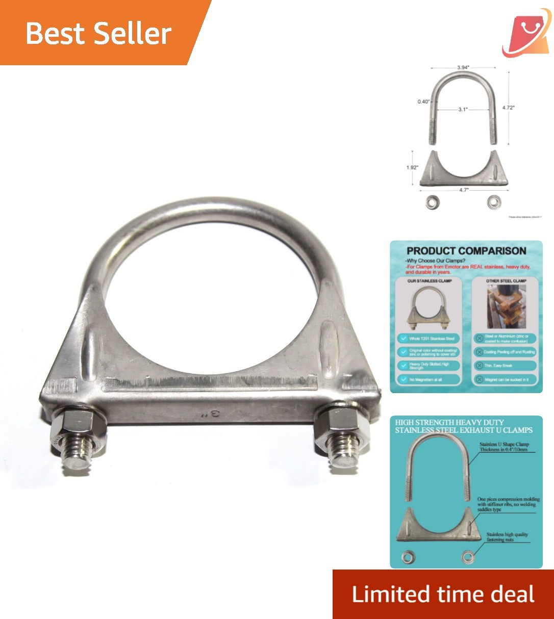 3 Inch Stainless Steel U-Bolt Exhaust Clamp Heavy Duty Saddle Design Rustproof
