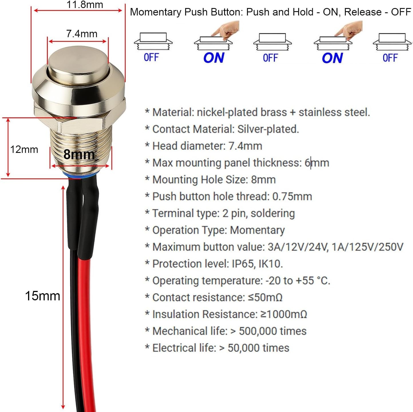 4pcs Metal Momentary Push Button Switch Waterproof Silver Point 8mm Mini Micr...