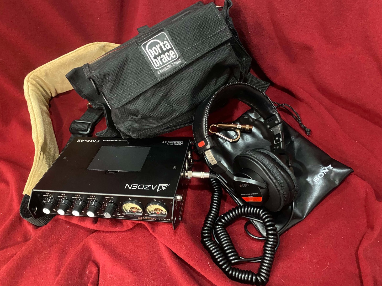 Azden FMX-42 Pro 4-Chl Field Mixer bundle w/ Porta Brace Bag & Sony Headphones